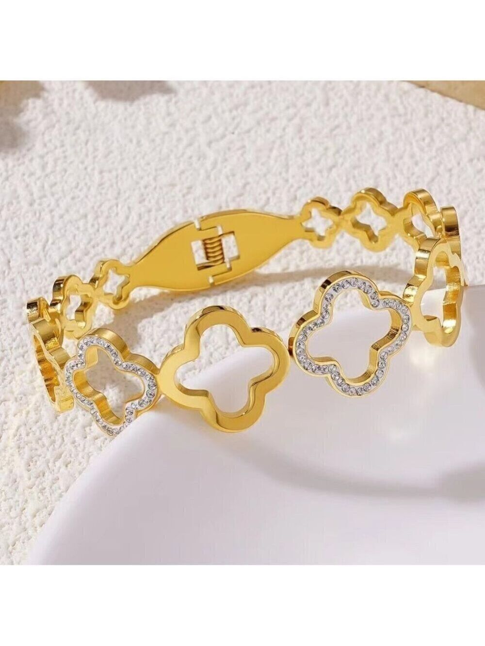 18K Gold Plated Stainless Steel Hollow Clover Quatrefoil Bangle, Pave Zircon